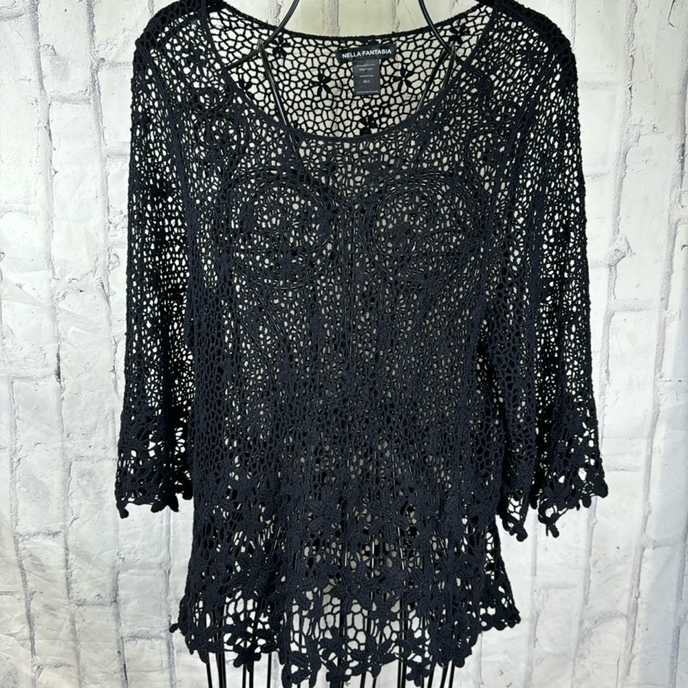 Nella Fantasia Lace Top Open Floral Crochet 3/4 Bell Sleeve Scoop Neck Airy